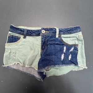 Hot Kiss Cici Shorts Women's 7 Juniors Blue Colorblock Distressed Denim Raw Hem